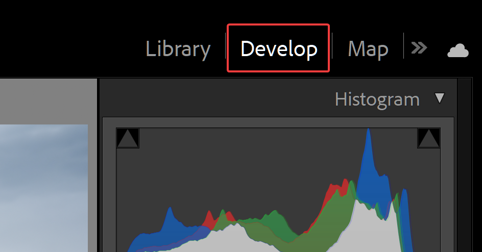 Screenshot of Adobe Photoshop Lightroom Classic showing the location of the Develop panel icon.