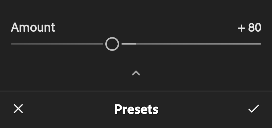 Screenshot of Adobe Photoshop Lightroom for Mobile showing the preset amount slider.