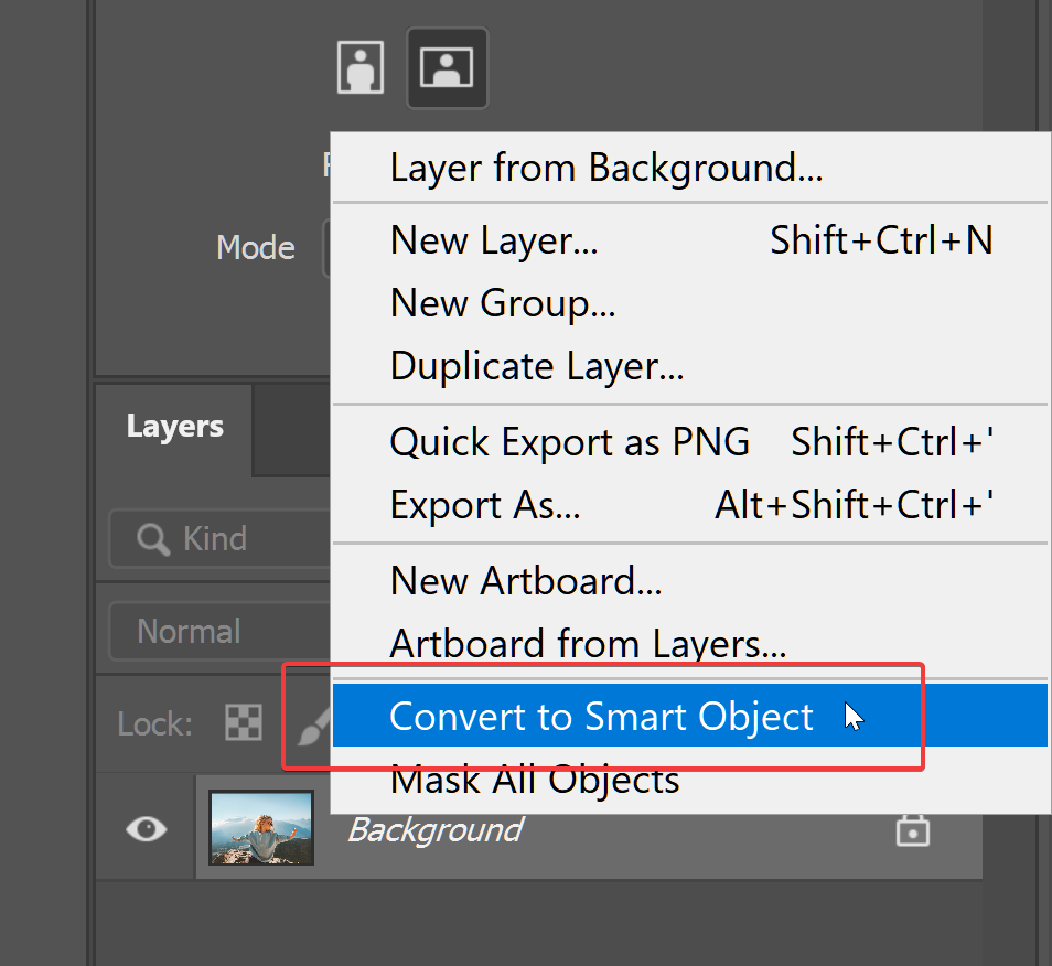 Screenshot of Adobe Photoshop, displaying options under the "Layer" right-click menu, with "Convert to Smart Object" highlighted.
